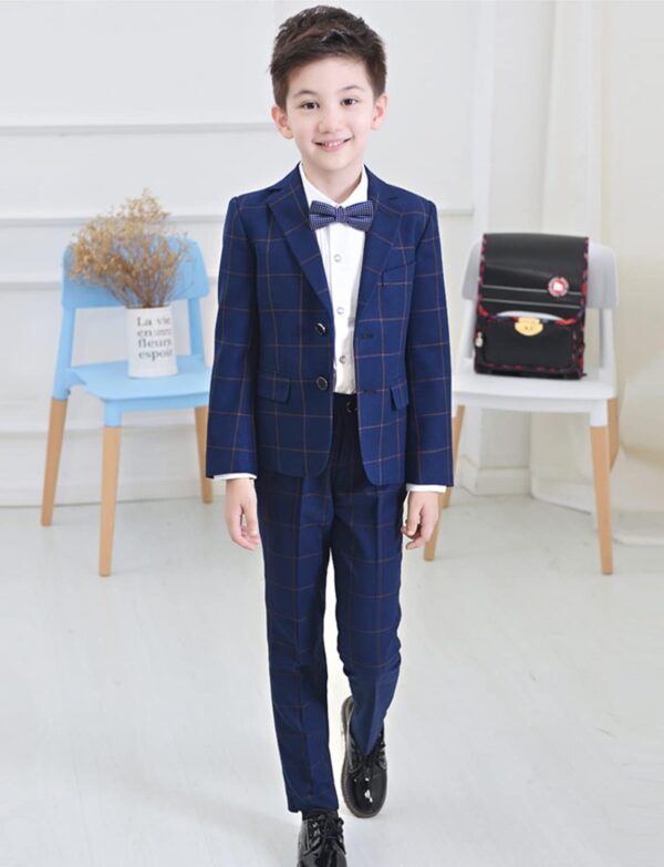 Ragazzi Tuta a Quadri Tre Pezzi Giacca Gilet Pantaloni Blu-1