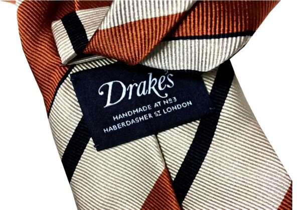 Cravatta uomo Drakes London seta righe ecru cuoio nero