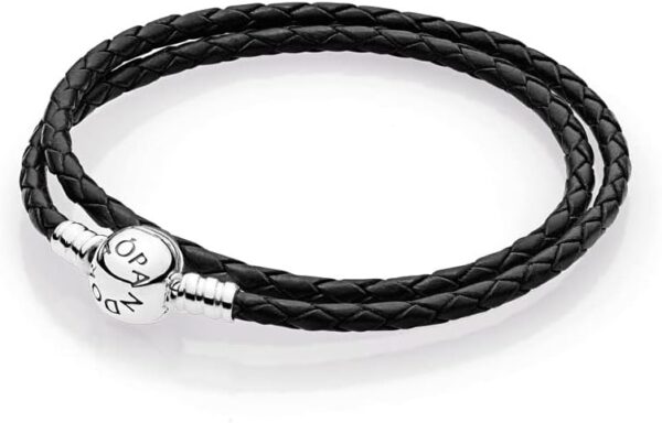 Bracciale Pandora pelle nera doppio chiusura sfera argento-1