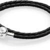 Bracciale Pandora pelle nera doppio chiusura sfera argento-0