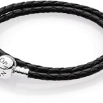 Bracciale Pandora pelle nera doppio chiusura sfera argento-0