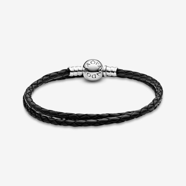 Bracciale Pandora pelle nera doppio chiusura sfera argento-2