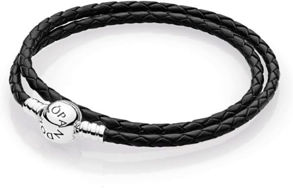 Bracciale Pandora pelle nera doppio chiusura sfera argento-0